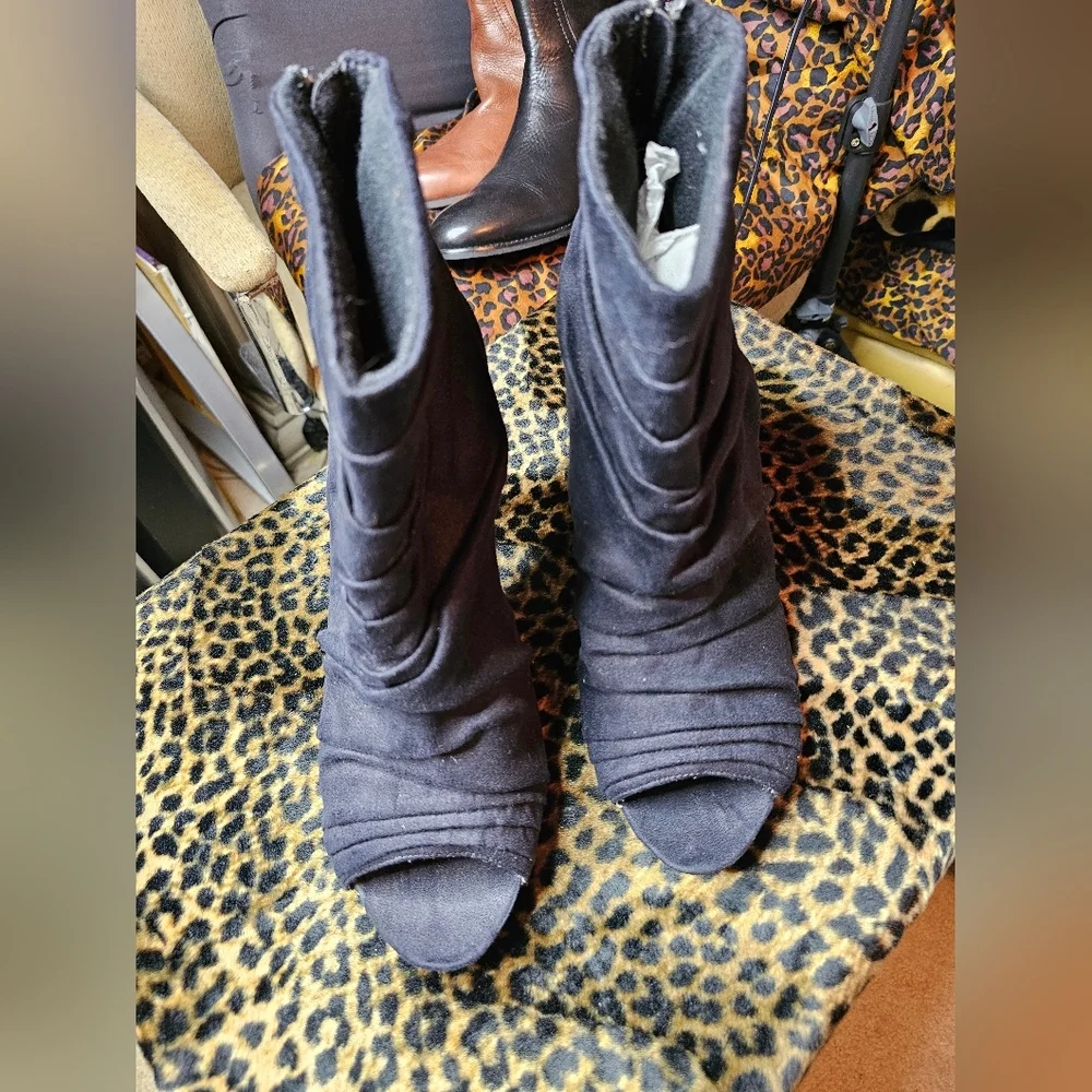 FIONI BLACK ANKLE BOOTIES PLATFORM HEEL OPEN TOE BOOTS SIZE 12